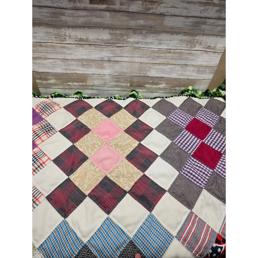 Handmade Patchwork Quilt Oversized 115x90 Multi Color Crochet Border Vintage